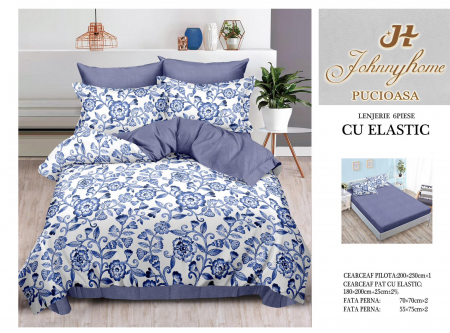 Bumbac Tip Finet Cu Elastic - Lenjerie De Pat Finet Cu Elastic - Albastru Floral