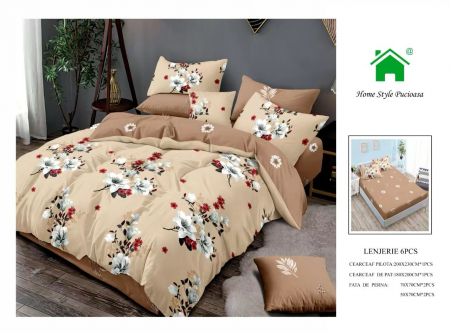 Bumbac Tip Finet Cu Elastic - Lenjerie De Pat Finet Cu Elastic - Bej Cu Flori