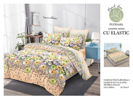 Bumbac Tip Finet Cu Elastic - Lenjerie De Pat Finet Cu Elastic - Bej Cu Floricele