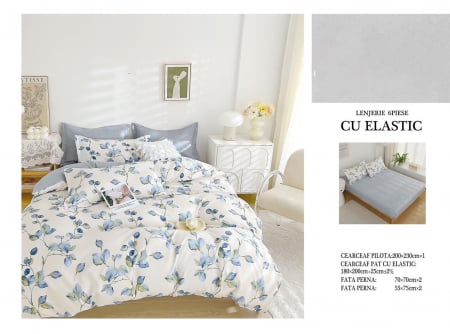 Bumbac Tip Finet Cu Elastic - Lenjerie De Pat Finet Cu Elastic - Gri/Crem Cu Frunzulite