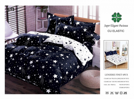 Bumbac Tip Finet Cu Elastic - Lenjerie De Pat Finet Cu Elastic - Bleumarin Cu Stele