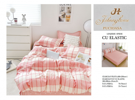 Bumbac Tip Finet Cu Elastic - Lenjerie De Pat Finet Cu Elastic - Roz In Carouri