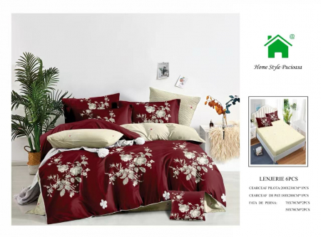 Bumbac Tip Finet Cu Elastic - Lenjerie De Pat Finet Cu Elastic - Bordo Floral