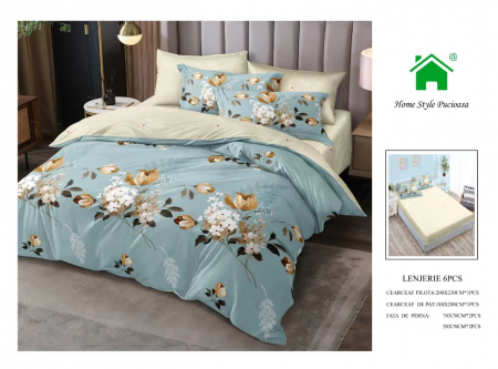 Bumbac Tip Finet Cu Elastic - Lenjerie De Pat Finet Cu Elastic - Crem/Bleu Floral