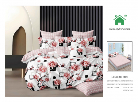 Bumbac Tip Finet Cu Elastic - Lenjerie De Pat Finet Cu Elastic - Flori Roz Cires