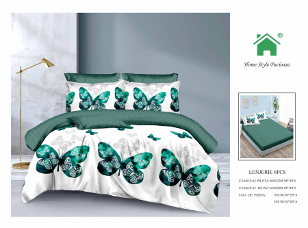 Bumbac Tip Finet Cu Elastic - Lenjerie De Pat Finet Cu Elastic - Fluturi Turquoise