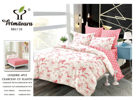 Cearceaf cu elastic - Lenjerie De Pat Finet Cu Elastic - Fundite Roz Si Buline