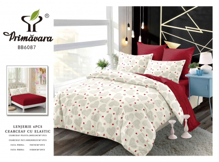 Bumbac Tip Finet Cu Elastic - Lenjerie De Pat Finet Cu Elastic - Crem Cu Inimioare Bordo