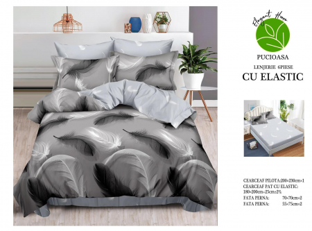 Bumbac Tip Finet Cu Elastic - Lenjerie De Pat Finet Cu Elastic - Gri Cu Pene