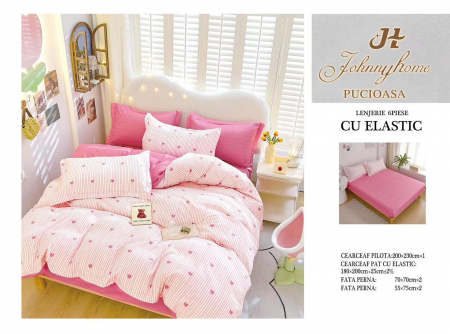 Bumbac Tip Finet Cu Elastic - Lenjerie De Pat Finet Cu Elastic - Pink Inimioare