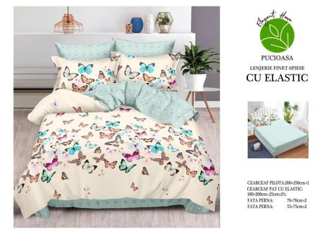 Bumbac Tip Finet Cu Elastic - Lenjerie De Pat Finet Cu Elastic - Fluturasi Multicolori