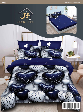 Bumbac Tip Finet - Lenjerie De Pat Finet Cu Elastic - Inimioare Glazurate Bleumarin