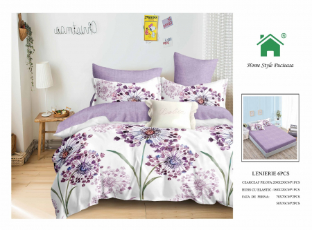 Bumbac Tip Finet Cu Elastic - Lenjerie De Pat Finet Cu Elastic - Lolita Flori Mov