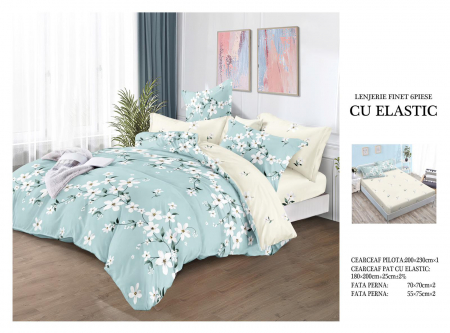 Bumbac Tip Finet Cu Elastic - Lenjerie De Pat Finet Cu Elastic - White Flowers