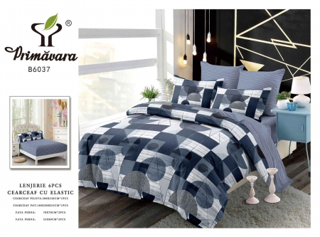 Bumbac Tip Finet Cu Elastic - Lenjerie De Pat Finet Cu Elastic - Model Geometric Bleumarin