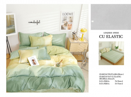 Bumbac Tip Finet Cu Elastic - Lenjerie De Pat Finet Cu Elastic - Verde/Galben