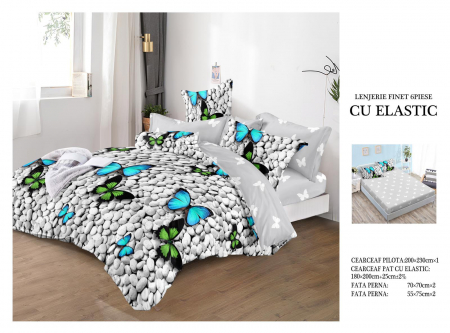 Bumbac Tip Finet Cu Elastic - Lenjerie De Pat Finet Cu Elastic - Pietre Si Fluturi