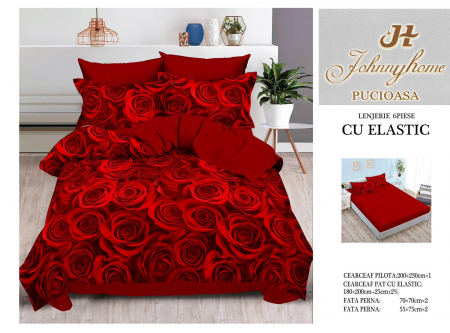 Bumbac Tip Finet Cu Elastic - Lenjerie De Pat Finet Cu Elastic - Red Roses