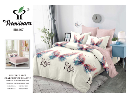 Cearceaf cu elastic - Lenjerie De Pat Finet Cu Elastic - Roz Pudrat Cu Fluturi