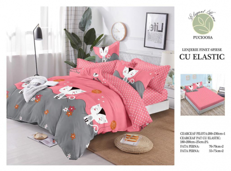Bumbac Tip Finet Cu Elastic - Lenjerie De Pat Finet Cu Elastic - White Kitty
