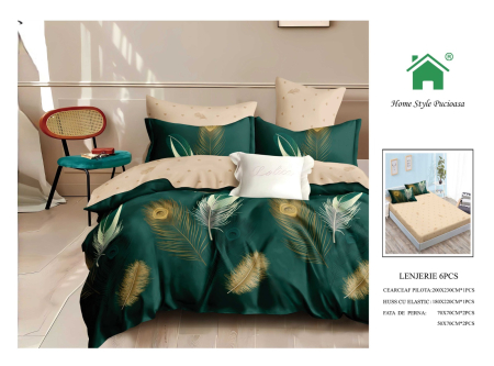 Cearceaf cu elastic - Lenjerie De Pat Finet Cu Elastic - Verde Cu Pene
