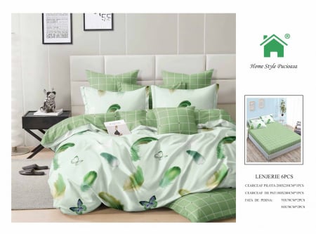 Bumbac Tip Finet Cu Elastic - Lenjerie De Pat Finet Cu Elastic - Verde Fluturasi
