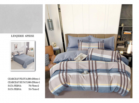 Bumbac Tip Finet 6 Piese - Lenjerie De Pat Finet - Bleu Cu Dungi