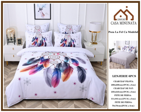 LENJERII DE PAT - Lenjerie De Pat Finet Premium - Alba Cu Pene Colorate