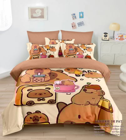 Cearceaf normal - Lenjerie De Pat Finet Premium Cu Elastic - Capybara Si Bubble Tea