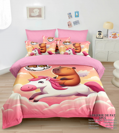 Cearceaf normal - Lenjerie De Pat Finet Premium Cu Elastic - Capybara Pe Unicorn