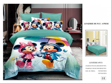 Cearceaf normal - Lenjerie De Pat Finet Premium Pentru Copii - Mickey Si Minnie Sub Umbrela
