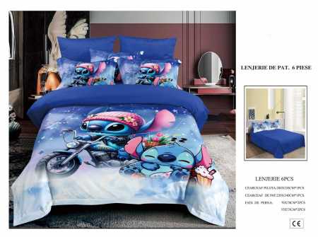 Cearceaf normal - Lenjerie De Pat Finet Premium Pentru Copii - Stitch Si Motocicleta