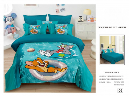 Cearceaf normal - Lenjerie De Pat Finet Premium Pentru Copii - Tom Si Jerry La Piscina