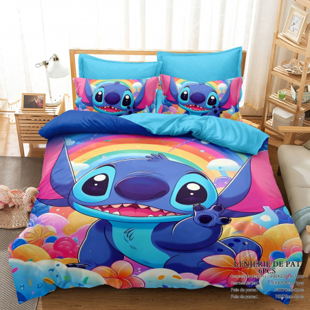 PRODUSE PENTRU COPII - Lenjerie De Pat Finet Premium Cu Elastic - Stitch Si Curcubeul
