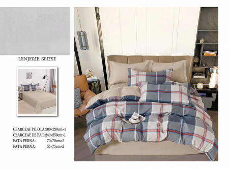 Bumbac Tip Finet 6 Piese - Lenjerie De Pat Finet - Carouri Gri