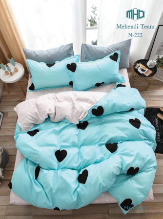Bumbac Tip Finet 6 Piese - Lenjerie De Pat Finet Superior - Bleu Cu Inimioare Negre