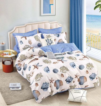 Bumbac Tip Finet - Lenjerie De Pat Finet Superior Cu Elastic - Model Marin Cu Scoici, Corali, Stea De Mare