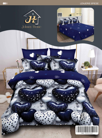 Bumbac Tip Finet - Lenjerie De Pat Finet Superior - Inimioare Glazurate Bleumarin