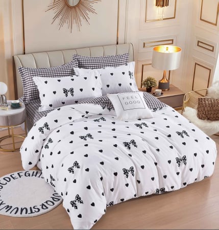 Bumbac Tip Finet 6 Piese - Lenjerie De Pat Finet Superior - Inimioare Si Fundite Negre