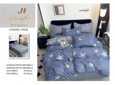 Bumbac Tip Finet 6 Piese - Lenjerie De Pat Finet Superior - Bleu Cu Stelute
