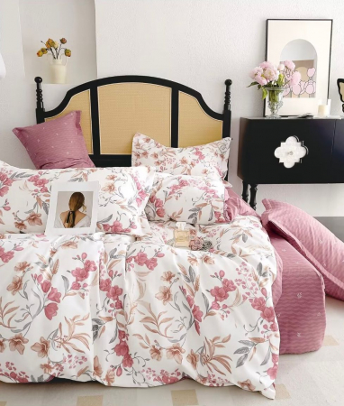 Bumbac Tip Finet 6 Piese - Lenjerie De Pat Finet Superior - Roz Cu Floricele