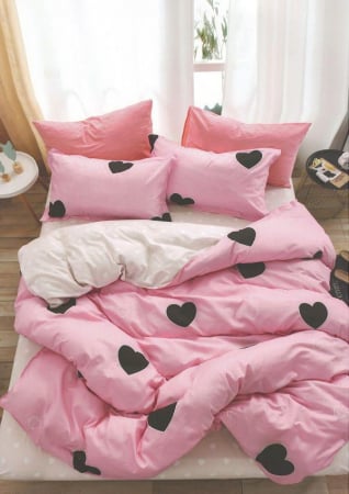 Bumbac Tip Finet 6 Piese - Lenjerie De Pat Finet Superior - Roz Cu Inimioare Negre