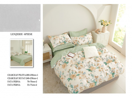 Bumbac Tip Finet 6 Piese - Lenjerie De Pat Finet - Verde/Bej Floral