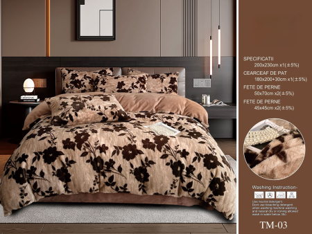 Lenjerii Pufoase Fluffy/Rabbit - Lenjerie De Pat Fir Scurt Blana Artificiala Iepure Cu Elastic - Rabbit Model Floral Bej Cacao Cu Lapte