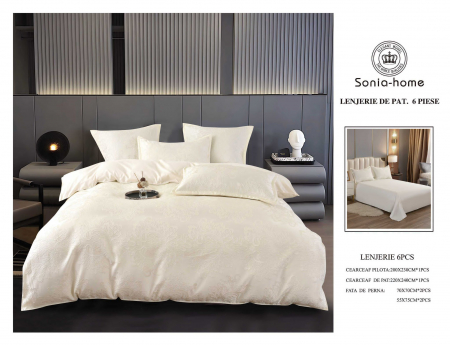 Lenjerie De Pat Jacquard Satinat Cu Insertii De Broderie - Crem Elegant [0]