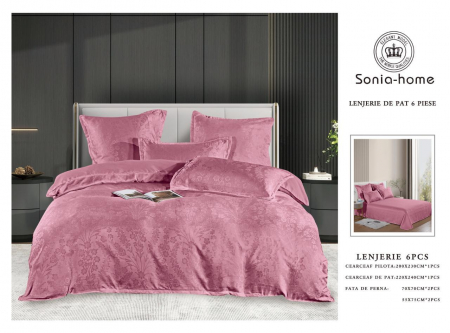 LENJERII DE PAT - Lenjerie De Pat Jacquard Satinat Cu Insertii De Broderie - Roz Cu Flori