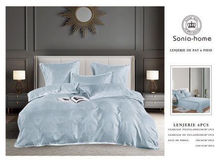 LENJERII DE PAT - Lenjerie De Pat Jacquard Satinat Cu Insertii De Broderie - Bleu Imperial