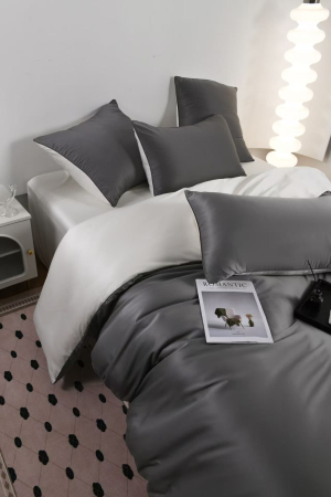 Lenjerie De Pat Premium Din Matase 6 Piese - Gri Cu Gri Deschis [6]
