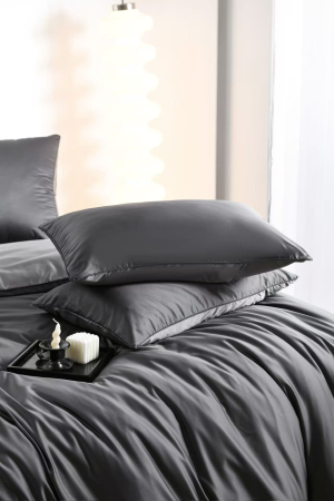 Lenjerie De Pat Premium Din Matase 6 Piese - Gri Inchis Si Gri Deschis [11]