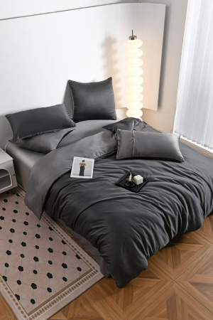 Lenjerie De Pat Premium Din Matase 6 Piese - Gri Inchis Si Gri Deschis [14]